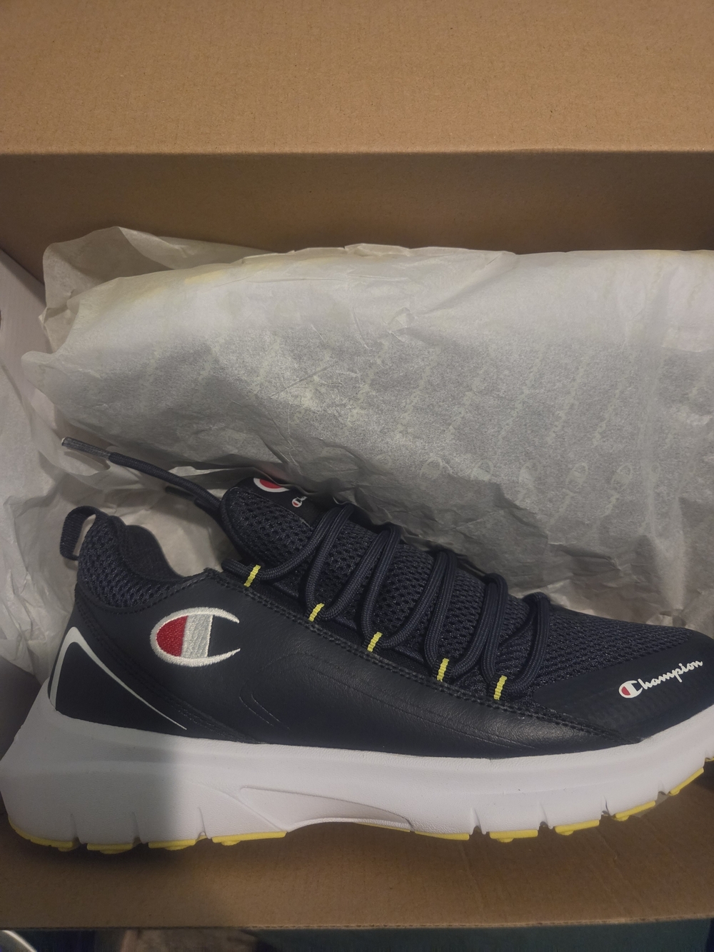 Champion Men's Navy and White Athletic Sneaker with Yellow Accents